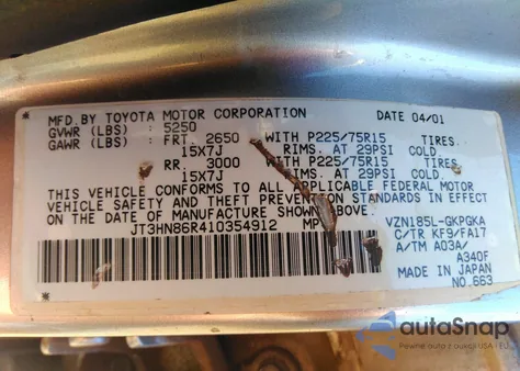 2001 Toyota 4Runner Sr5 V6 z USA, uszkodzony, nr VIN JT3HN86R410354912